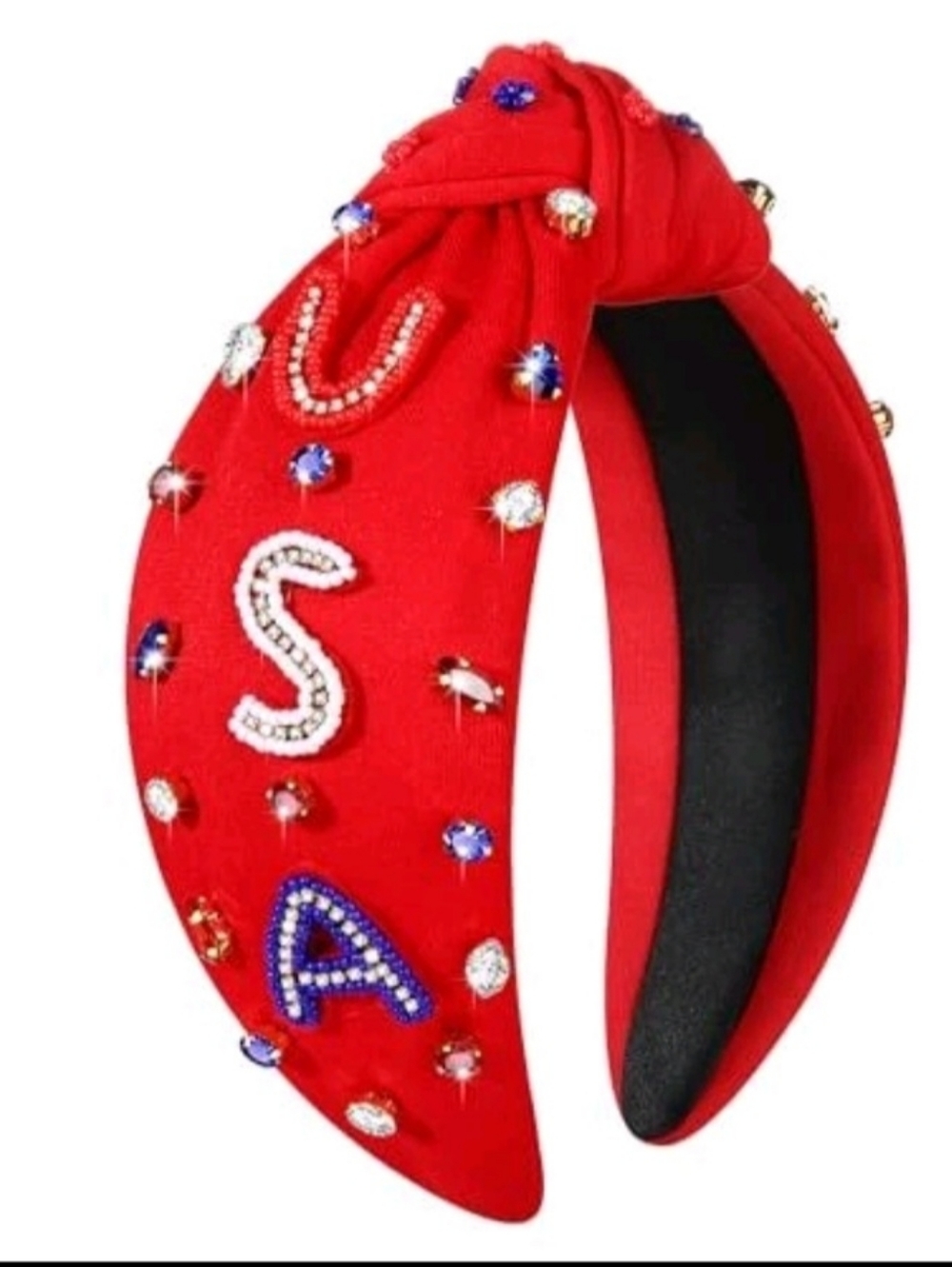 4th Of July USA Embellished Red Knot Headband with Crystal Letters